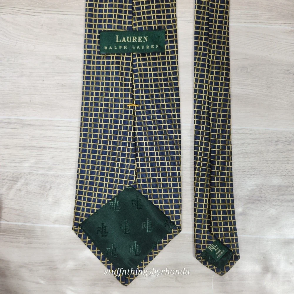 Lauren Ralph Lauren 100%‎ Silk Textured Men's NeckTie Navy With Yellow X-long